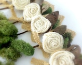 Burlap Boutonnière Groom, Groomsmen, Rustic  Flower w/ Moss,  Country Wedding, Shabby Chic
