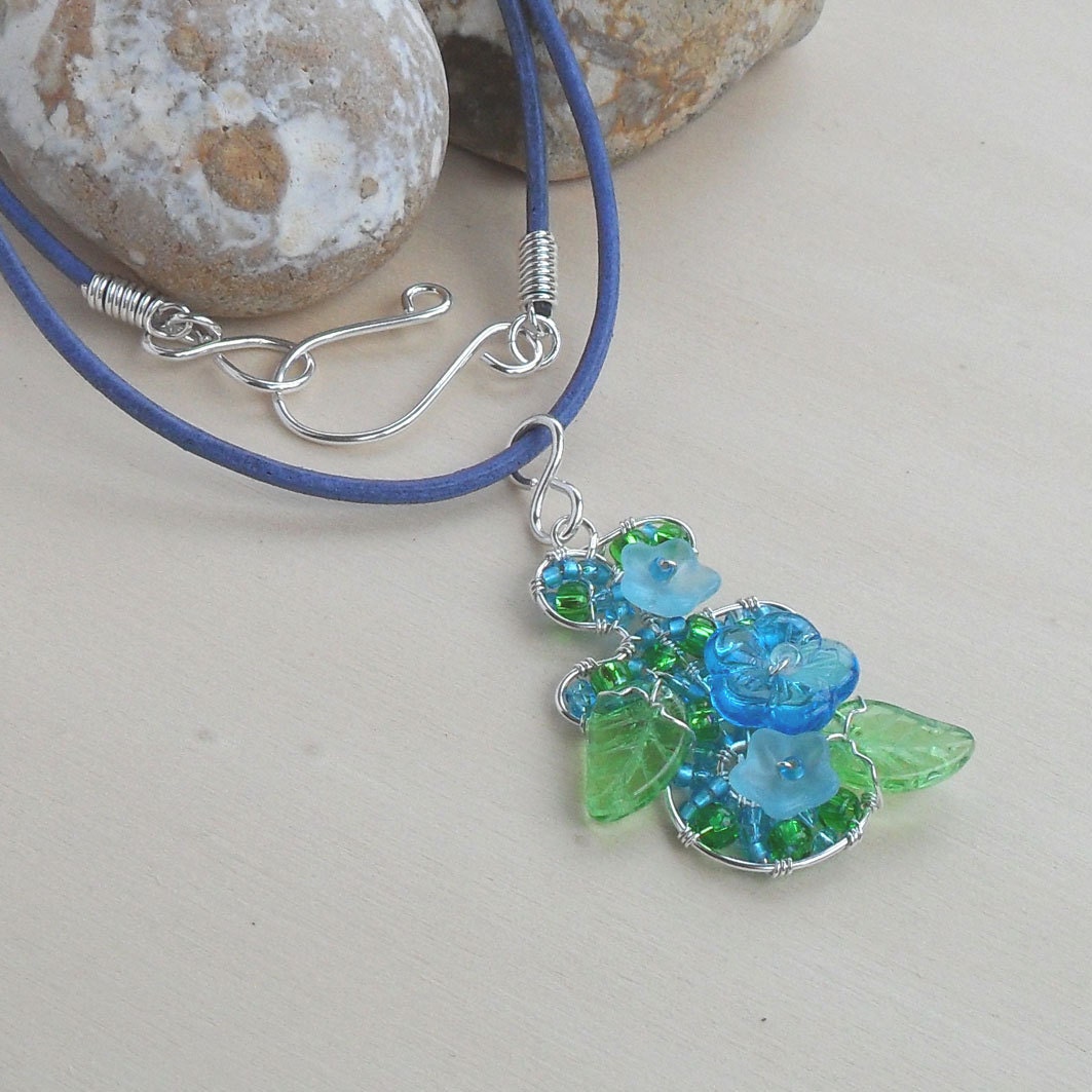 Blue Flower Necklace Sterling Silver Floral Beaded Beadwork Pendant Unique German Jewelry Handmade Forget me not Woven Wire Wrapped