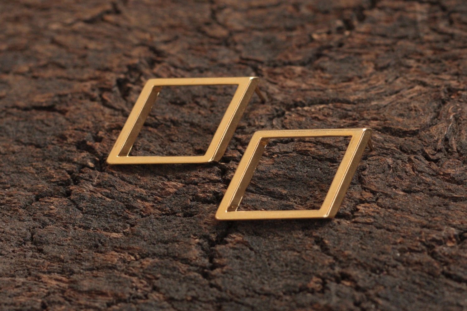 Gold Geometric Posts, Rhombus Earring Studs, Shiny Gold Plated Diamond Earring, Wedding Earrings