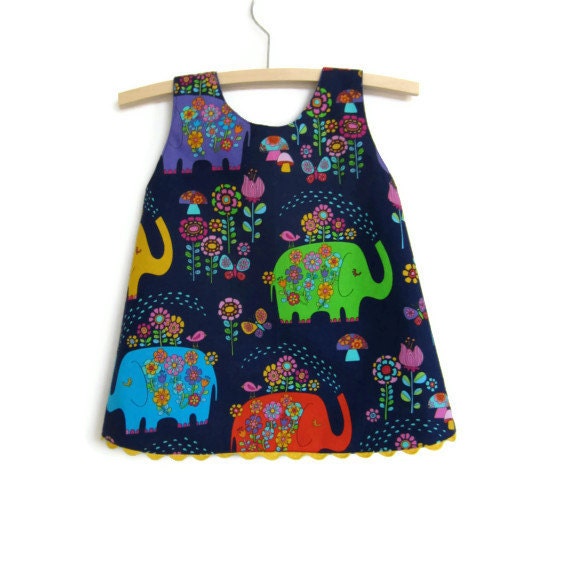 Elephant baby dress, navy blue cotton pinny, size 0-3, 6, 12, 24 months, MADE TO ORDER, Elephant Showers fabric, eco upcycled lining