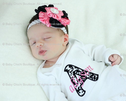 Baby Girl Onesie or Gown and Satin Flower Cluster with Pearl Rhinestone - Damask and Hot Pink Initial Applique - Newborn thru 12 months