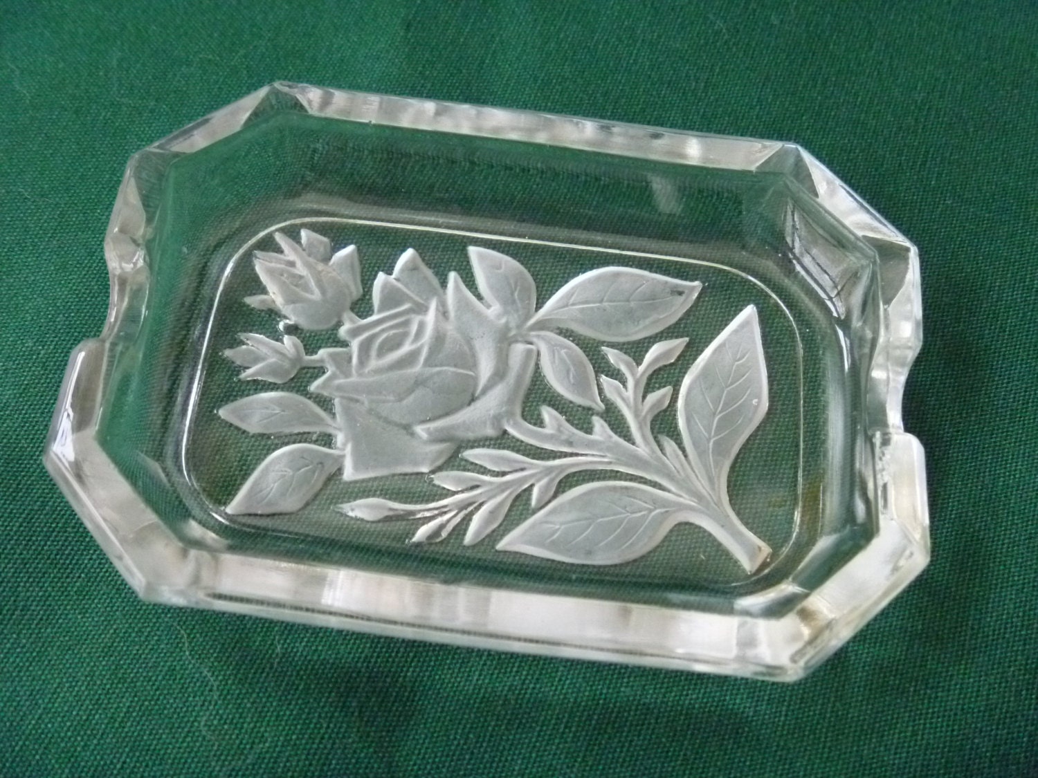 Heinrich Hoffman Style GLASS ASHTRAY Individual Frosted Rose Design Rectangle