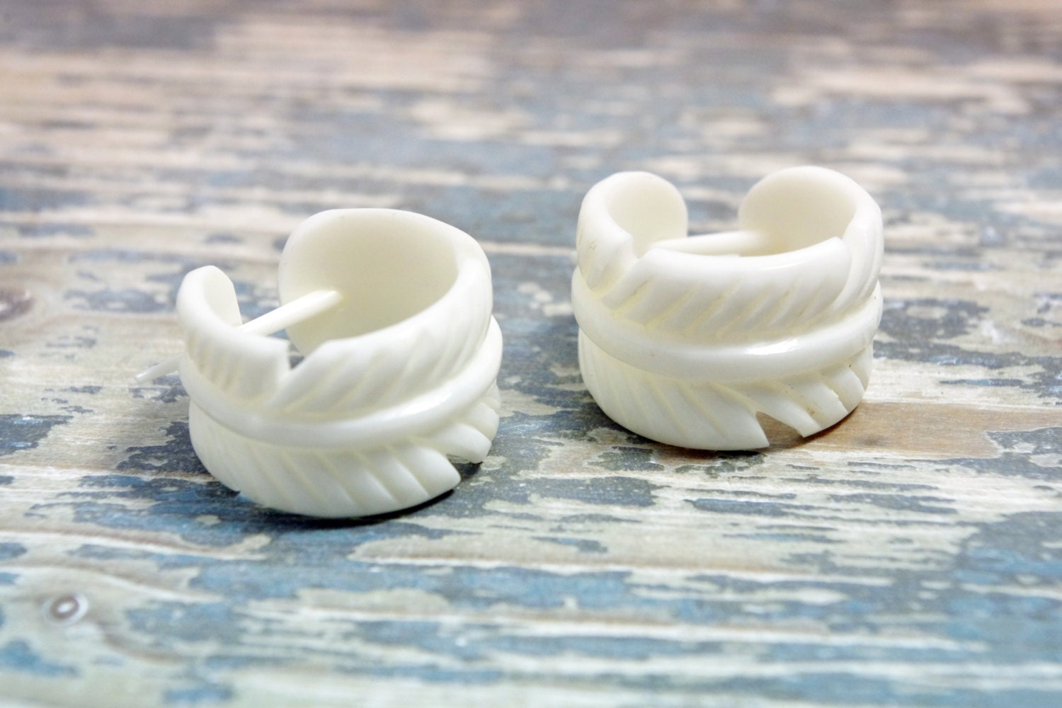 Feather Hoop Earrings Hand Carved Buffalo Bone Eagle Feather Post Earrings Tribal Style  - PE029 B