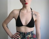 80s black knit triangle bikini top