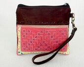 Neon Green-Pink Coin Pouch Purse Leather Wristlet Strap Hill Tribe Fabric Vintage HMONG Handmade Thailand (BG298.609)