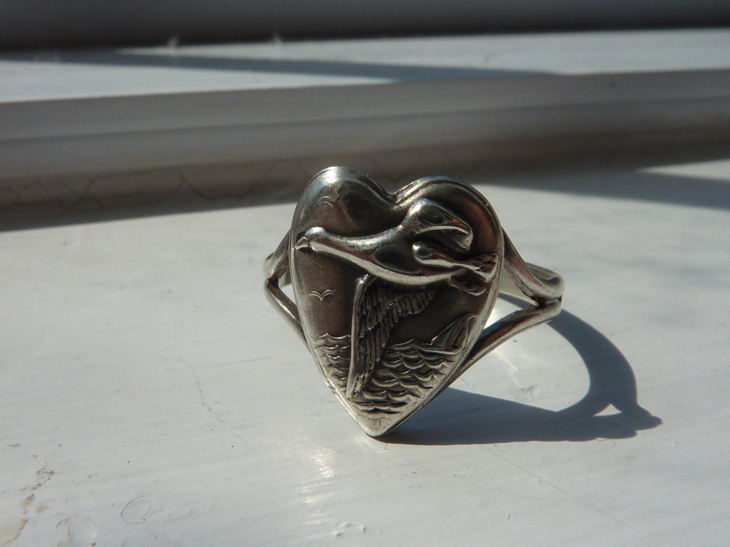 Rare 1940s Puffed heart style sterling silver sweetheart ring