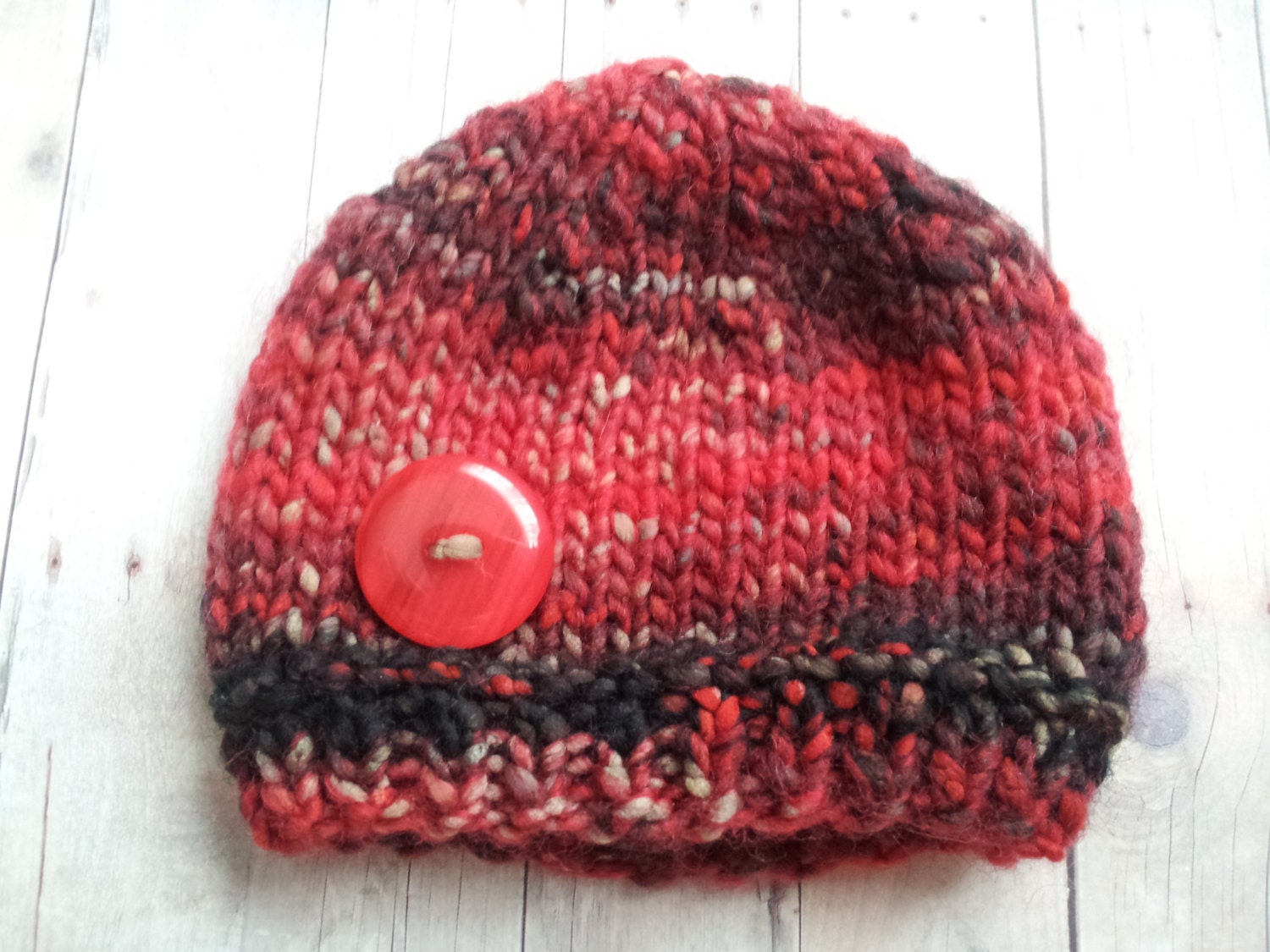 Ready to Ship, newborn photography prop-red black knitted baby beanie hat with button-baby photo prop-baby shower gift
