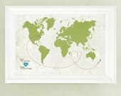 Personalized Wedding Gift World Map   -   Vintage Style  -   Customized Locations and Colors   -  11x14  Art Print