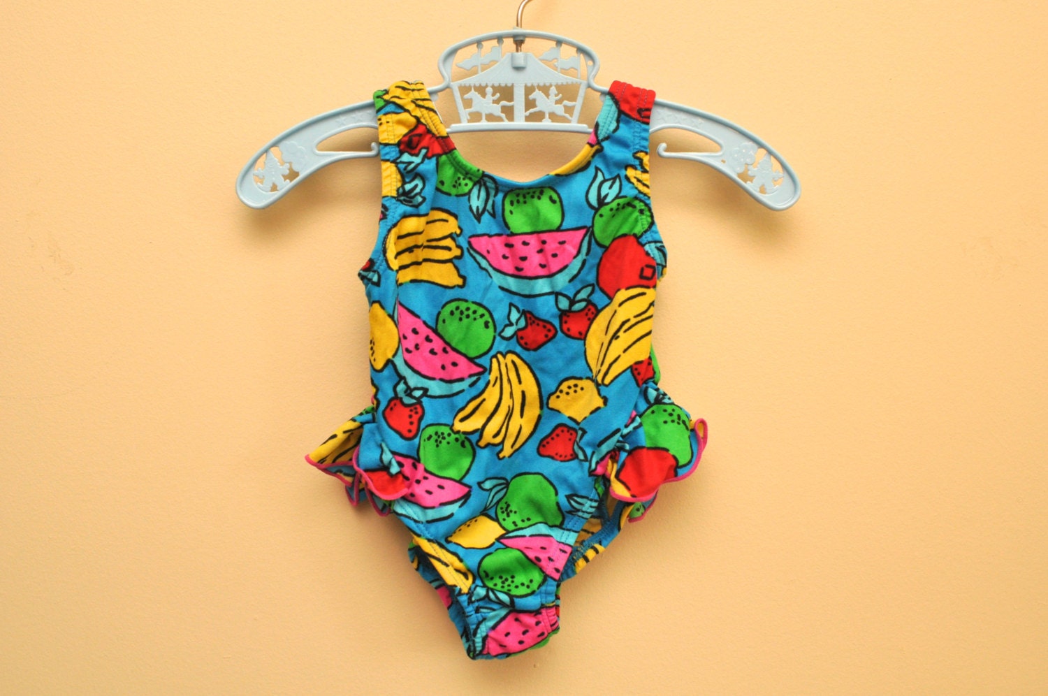 vtg tutti fruiti swimsuit for baby girl, colorful, bow in back, ruffles on sides, size 12 months