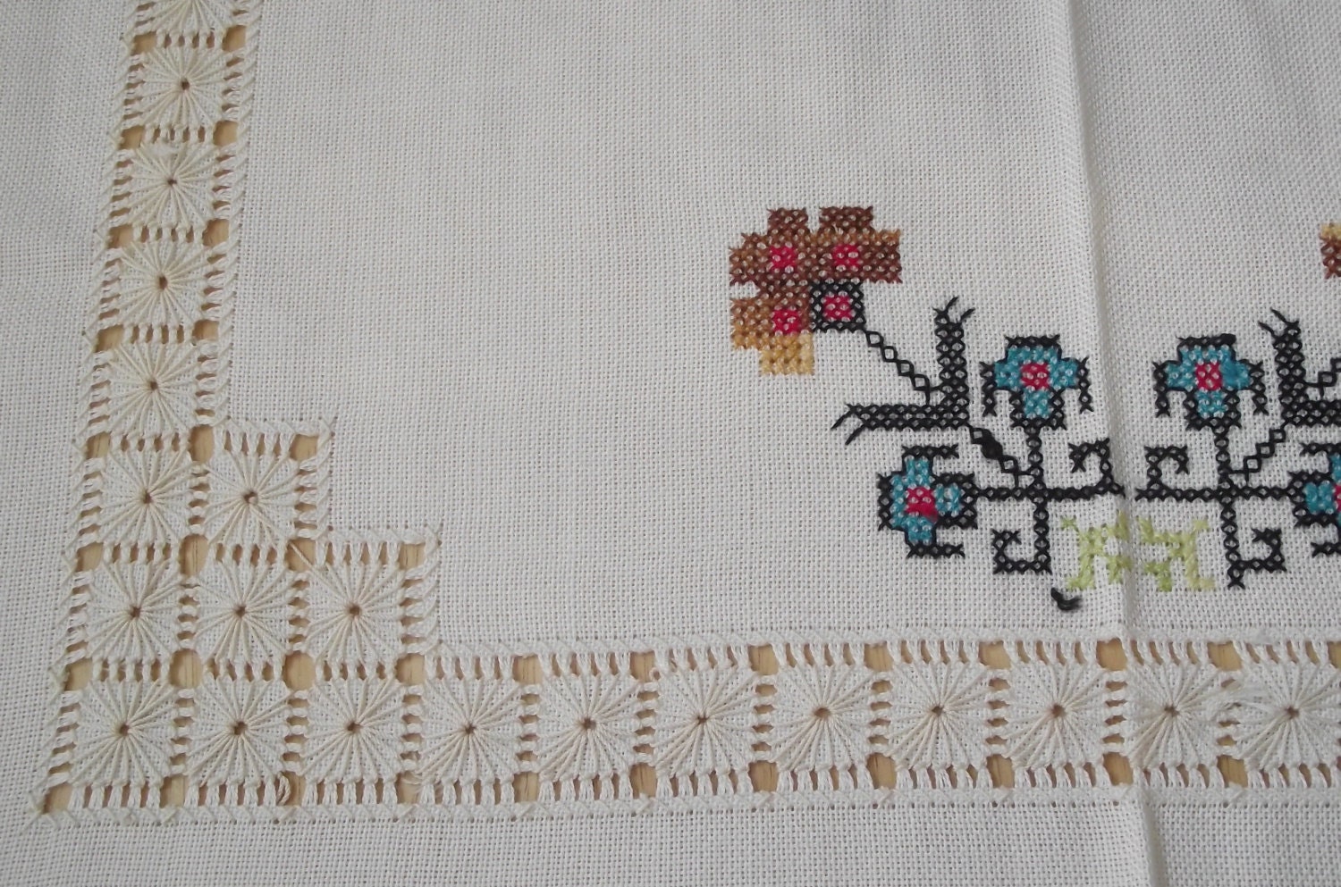 Vintage tablecloth cross stitched southwestern design banquet size