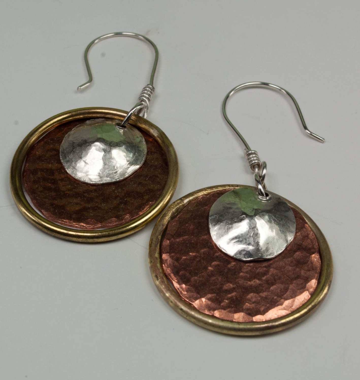 Mixed Metal Earrings Silver Brass Copper Hoop Earrings Disc Earrings