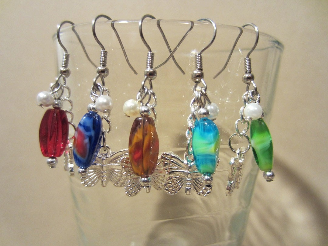 Silver Butterfly Charm, Aqua Glass Bead & Pearl Chain Dangle Earrings