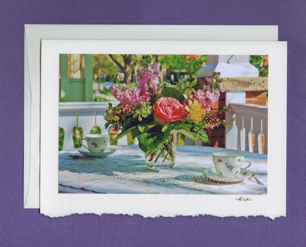 Floral Bouquet Friendship Birthday Greeting Card Handmade Photo Flowers Tea Cups Fine Art Photography Gift Afternoon Tea Table Setting
