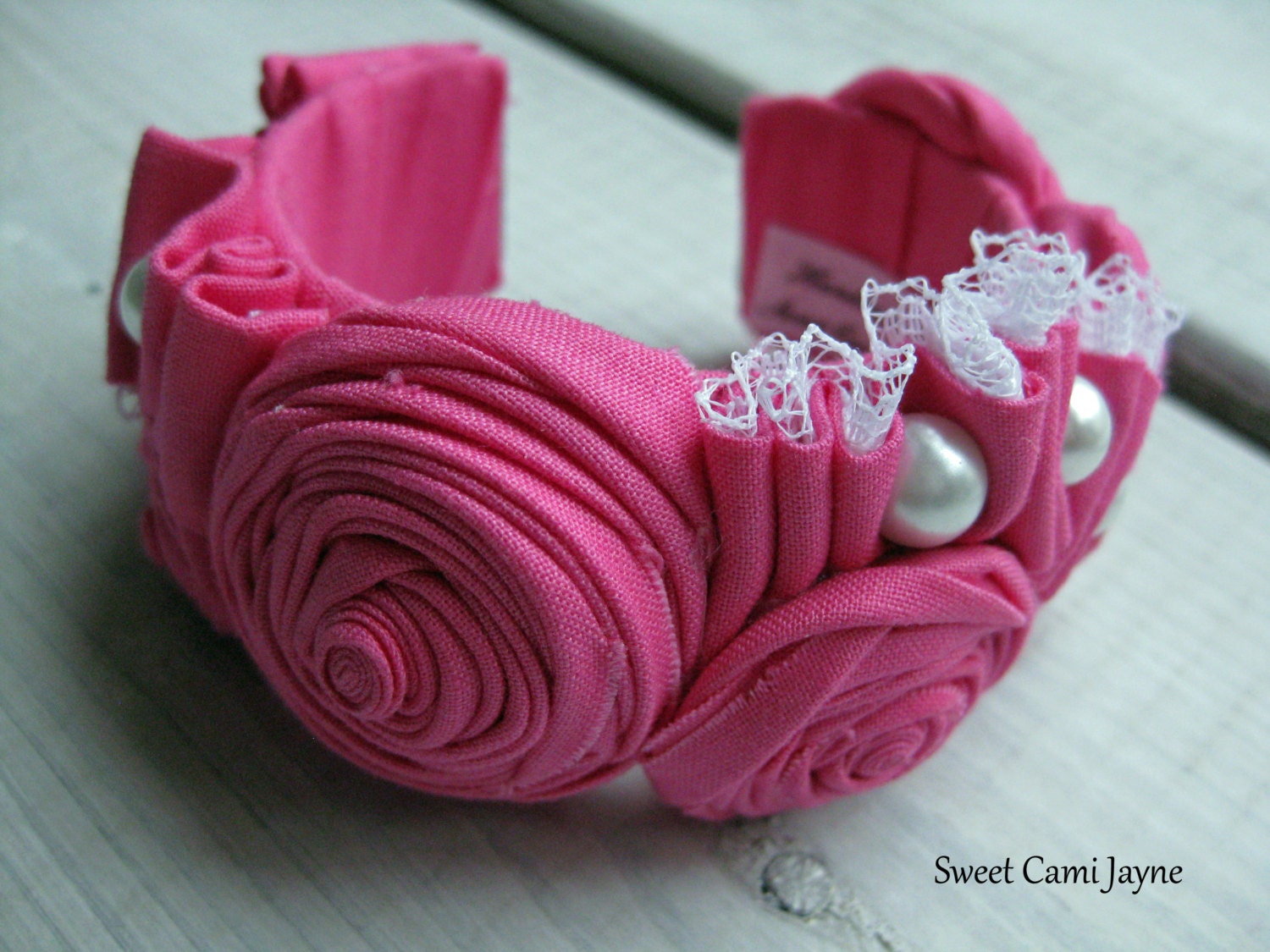 Fabric Rosette Bracelet Rosette Pearl and Lace Cuff Bracelet
