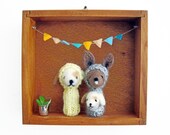 Nursery or Kid's Room Decor, Needle Felted Kangaroo and Puppy Finger Puppets in a Vintage Wooden Box, Eco Friendly Toy, Wall Hanging