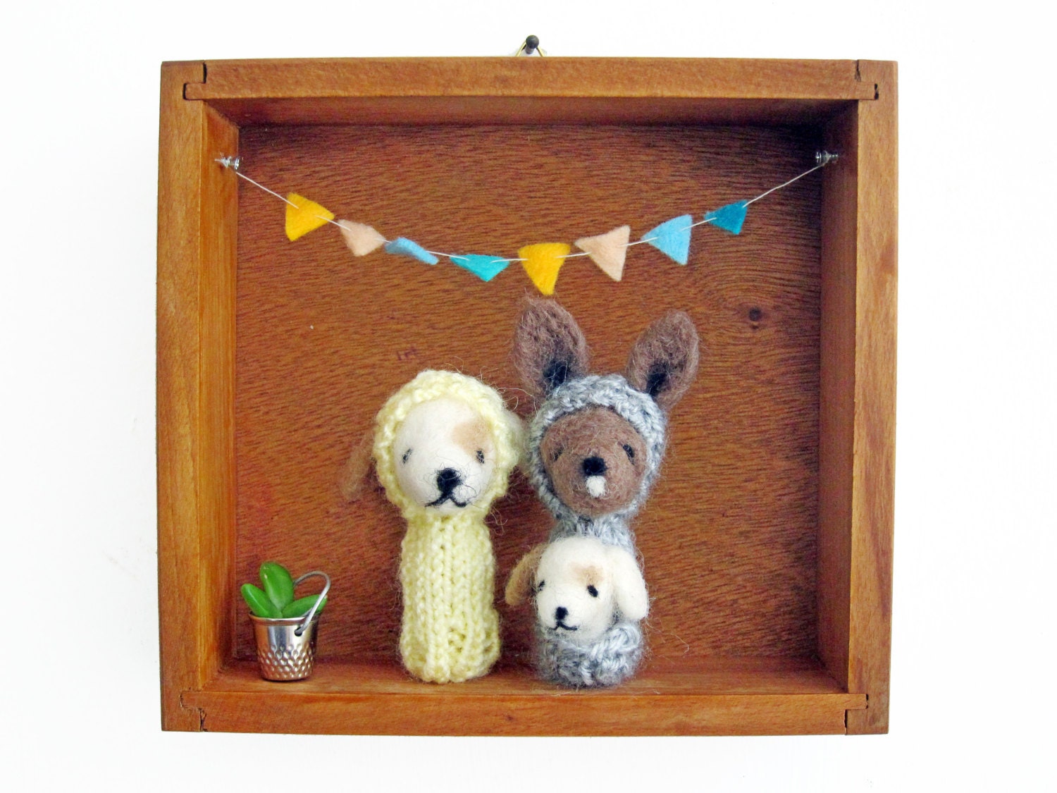 Nursery or Kid's Room Decor, Needle Felted Kangaroo and Puppy Finger Puppets in a Vintage Wooden Box, Eco Friendly Toy, Wall Hanging