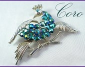 Vintage CORO Blue/Green AB Rhinestone Peacock Brooch, Figural