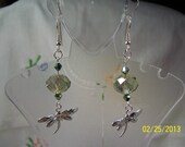 Silver Plated Dragonfly and Green Crystal Earrings