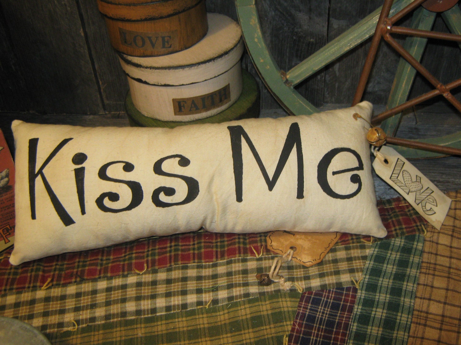 Primitive Large Holiday Love Pillow Tuck Valentine " KISS ME "  Hand Painted  Pillow  Rustic  Housewares