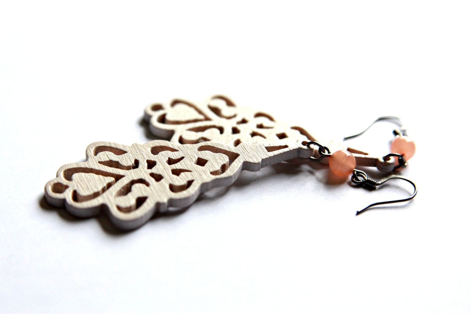 Long White Wooden Dangles With Small Peach Bead