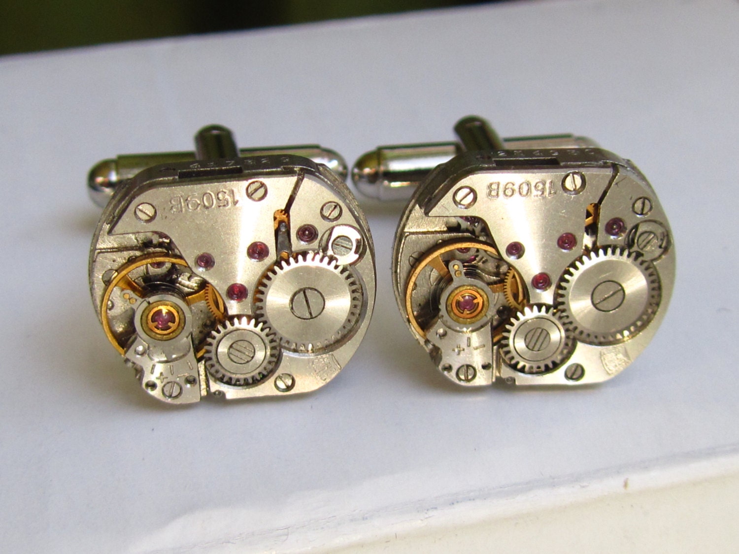 Steampunk Cufflinks - with the smallest vintage rectangular watch movements. Vintage upcycled mens Cuff Links, Gift under 30 Dollars