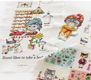 SALE - L909C(Bath) - Lovely Cat Rumi Cotton Linen Fabric - 140cm x 40cm