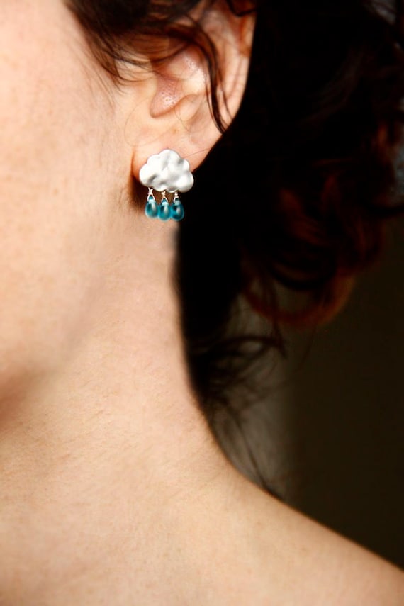 SUMMER RAIN with blue drops -  cloud earrings for winter gift