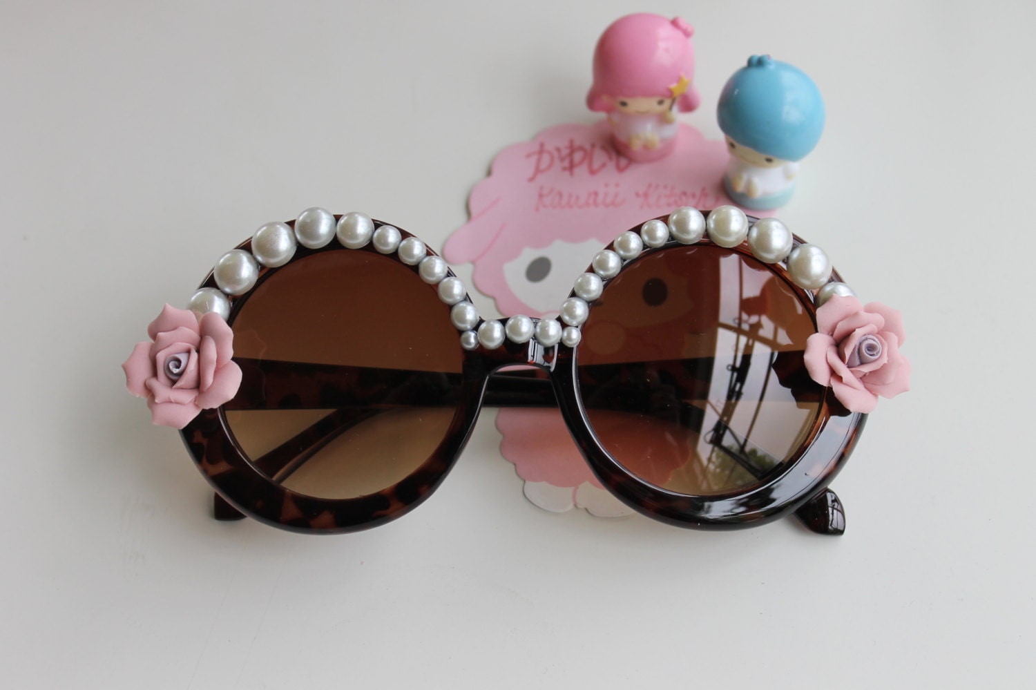 Round Tortoise Colored Sunglasses with Pink Ceramic Roses & Ivory Pearls