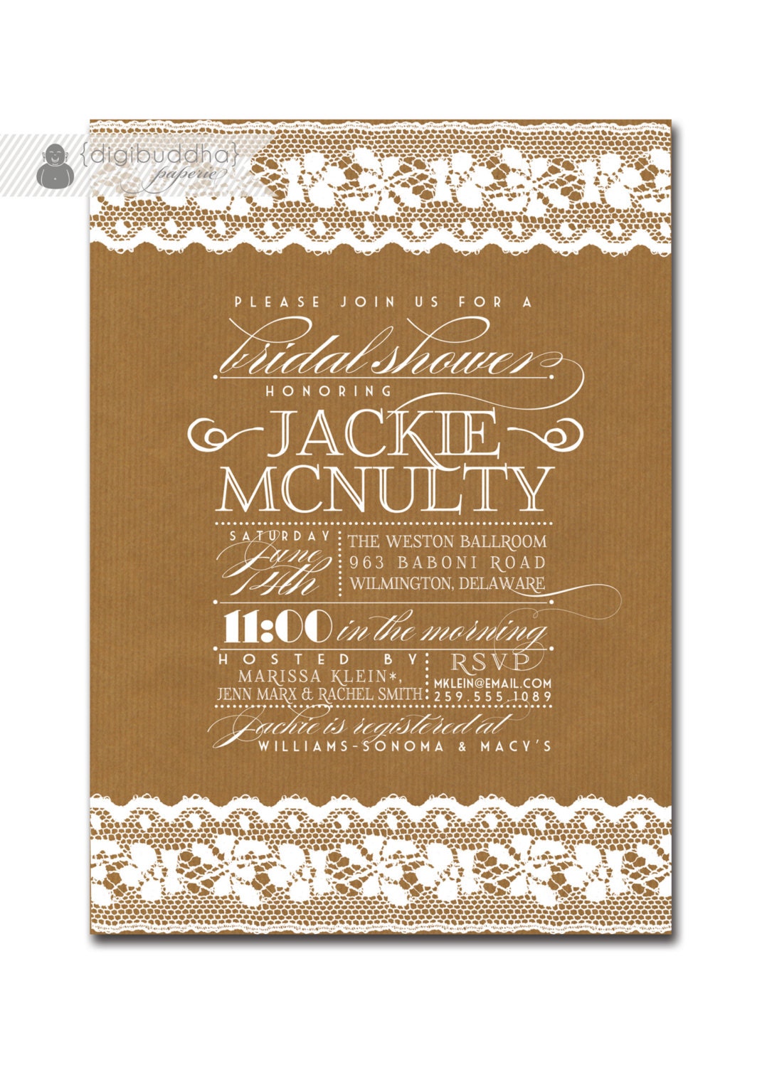 Lace Kraft Bridal Shower Invitation Vintage Rustic Bridal Wedding Invitation Typography Poster Printable Digital or Printed - Jackie Style