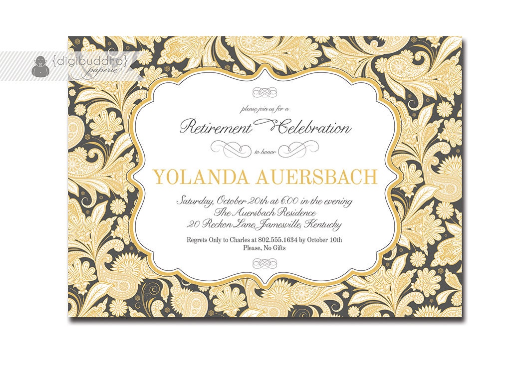 Retirement Party Invitation Damask Paisley Classic Vintage Calligraphy Wedding Formal Elegant Printable Digital or Printed - Yolanda Style