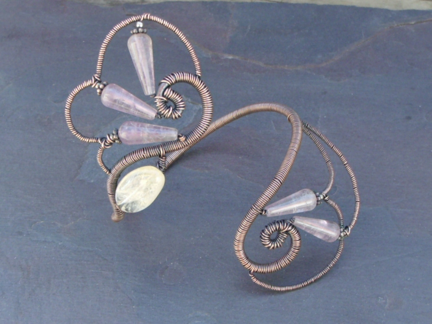 RESERVED - Wings of a Butterfly 2 - Wire Wrapped Copper Cuff with Cape Amethyst and Citrine
