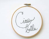 Silver embroidery decor / Simple design / Gray hoop art / Ciao bella Italian decor / 5 inch size / metallic fresh handwriting