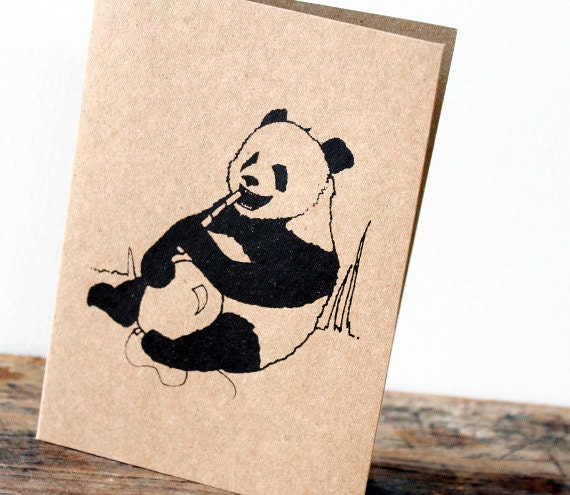Panda with balloon card - Black gocco screen-printed on brown recycled  kraft card