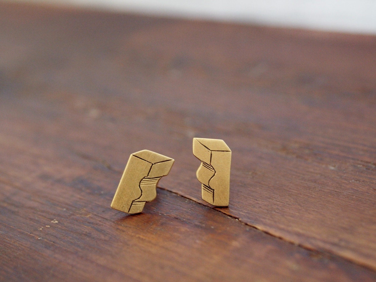 24 karat gold-plated hand engraved architectural fragment stud earrings