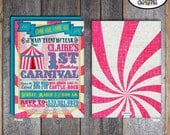 Carnival Party - Circus Party - Invitation & Wrap Around Address Labels - Pink Blue Yellow - Customized Printable (Girl, Vintage, Big Top)
