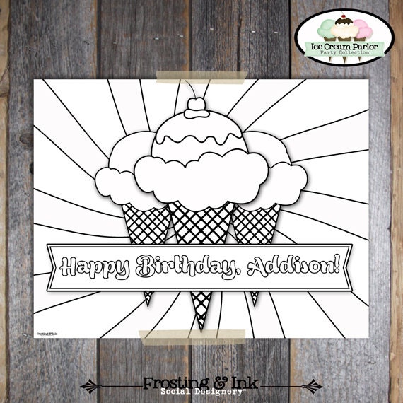 Ice Cream Party - Ice Cream Parlor Birthday - Coloring Sheet - Customized Printable (Social, Sweet, Shoppe, Parlour, Candy, Sundae, Cone)