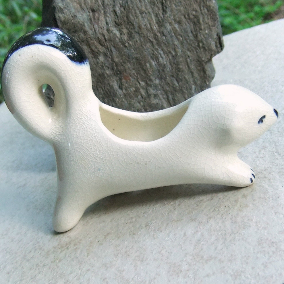 Antique Skunk Planter White with Cobalt Blue Tail Stripe Pre-WWII Japan