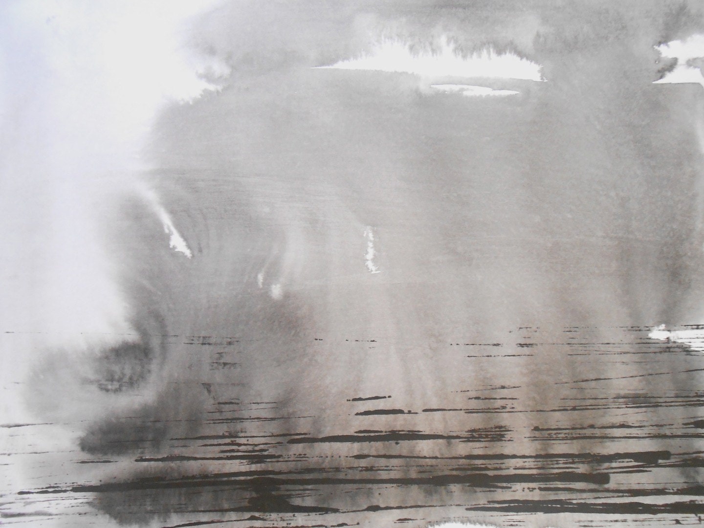 Original Contemporary Black and White Abstract Ink Wash Painting 11.7x16.5 " Mushroom Cloud 058" - Manjuzaka