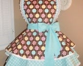 Cute Lollipops and Polka Dots Print Womans Retro Apron Accented With Aqua Blue...One Of A Kind and Ready To Ship
