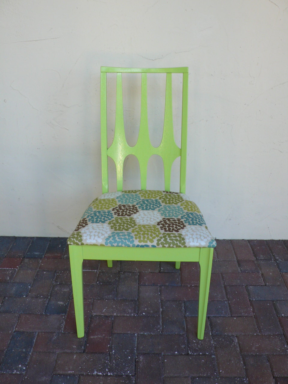 Lime green mid century moderrn mcm ladder chair with geometric vintage pattern fabric