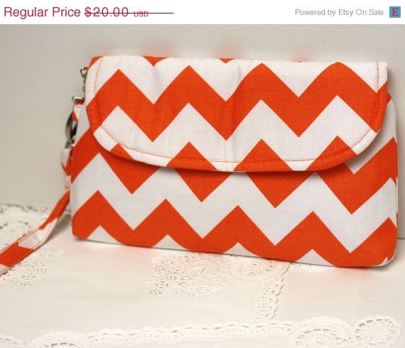 SALE - Tangerine Orange Chevron Clutch Purse with detachable wristlet strap