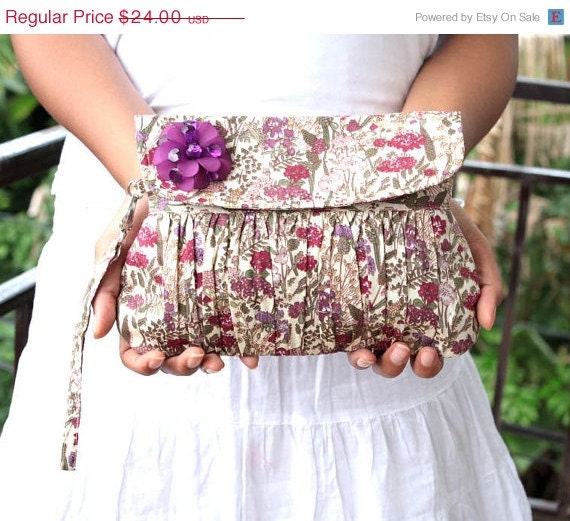 SALE - Floral Clutch Bag Violet Purple Lavender field of flower cotton