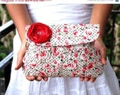 SALE - Valentine Gift for Her Red Rose Purse Pleated Wristlet with Sateen red flower