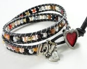 Multicolor Beaded Wrap Bracelet - leather wrap - double wrap leather bracelet - red heart love charm - red gunmetal silver black