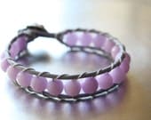 Mothers Day Bracelet Lavender Leather wrap bracelet - beaded leather wrap- fleur de lis bohemian leather bracelet pastel spring summer