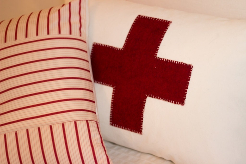 Set of Red Cross and crisp white pillow cover with smaller red and white striped pillow cover