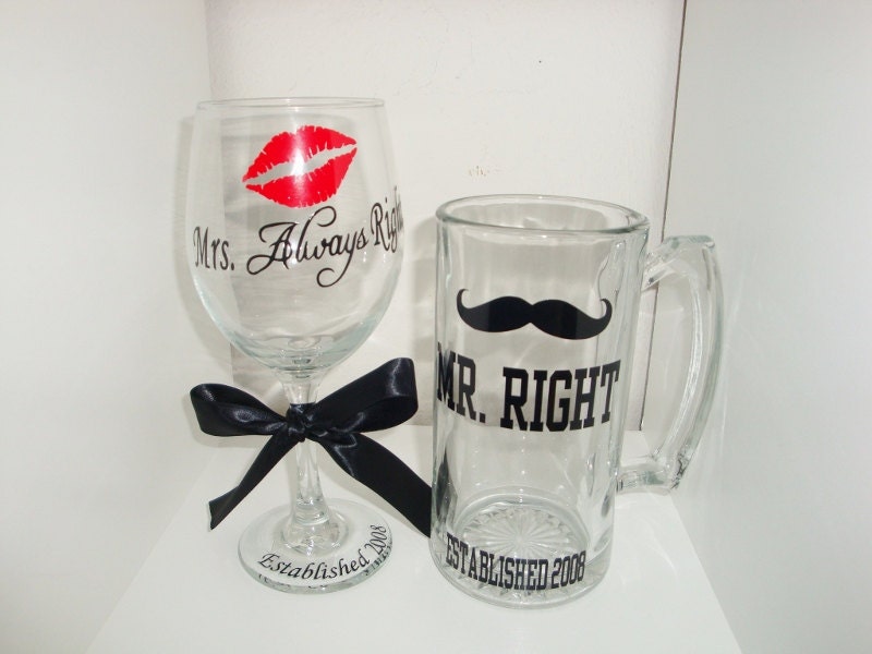 Mr. Right & Mrs. Always Right Beer Mug and Wine Glass Set