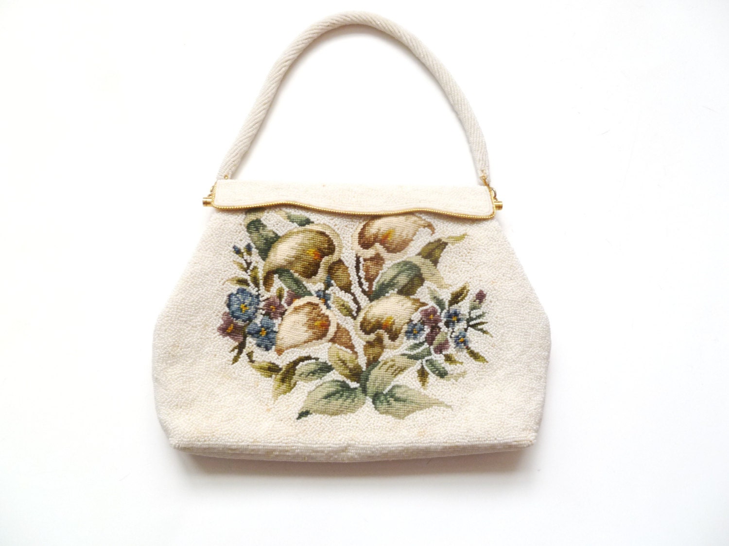 Creamy White Beaded Tapestry Clutch Purse