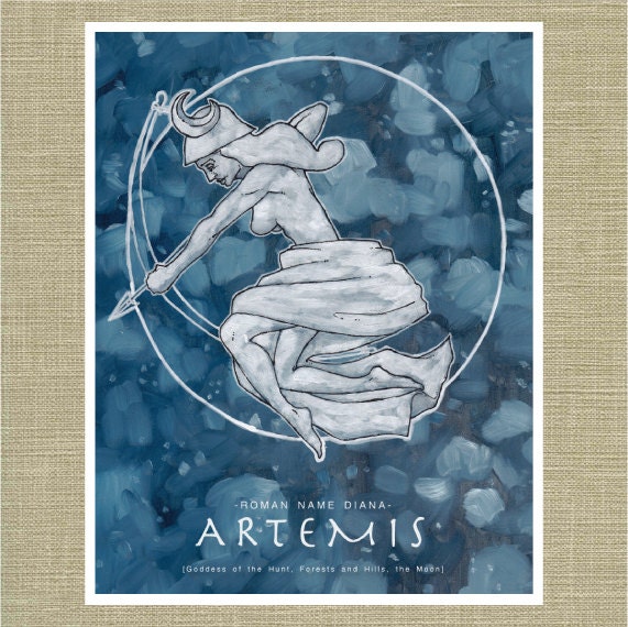 Greek and Roman Gods Artemis and Diana Goddes of the Hunt - Olympians Art Print 11 x 14