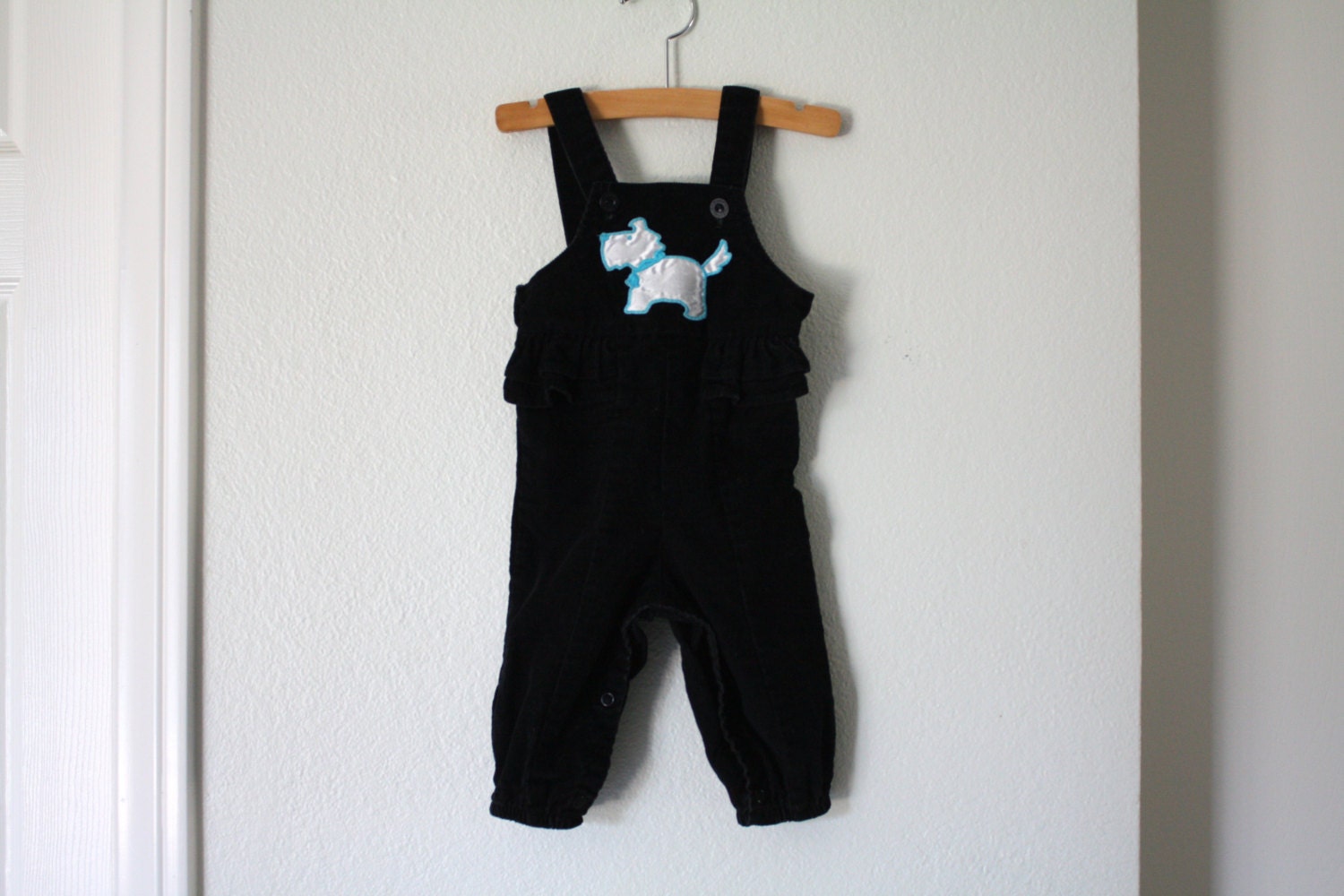 Vintage Black Corduroy Overalls, Scottie Dog, Baby Toddler Girl Size 12 Months
